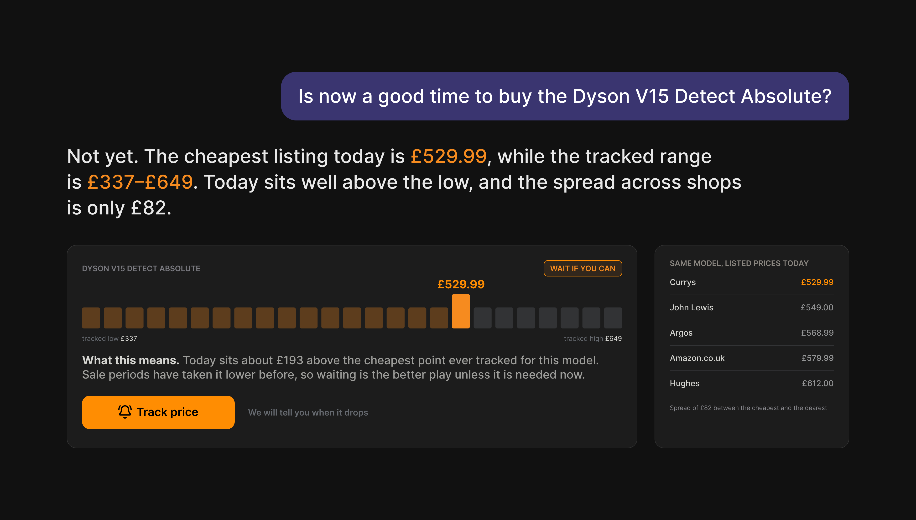 PriceHub.AI answer combining a buying recommendation with tracked price range, retailer offers and price tracking