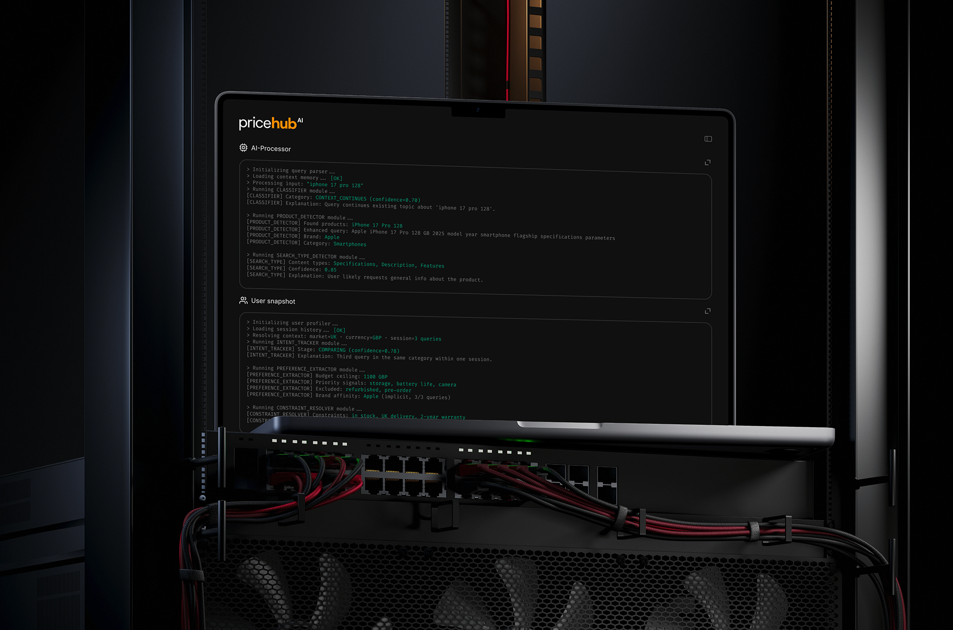 PriceHub.AI R&D concept showing an AI processing and user context view on a laptop